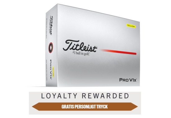 Titleist 2025 Pro V1x - Yellow med personligt tryck (4 dussin) i gruppen Golfbollar / Bollar med personligt tryck hos Tee Two Green AB (T2149S-4DSPT)